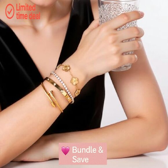 18K Gold Plated Tennis Bracelet Set, 4-Piece Stackable, Adjustable, Stainless - Picture 3 of 8